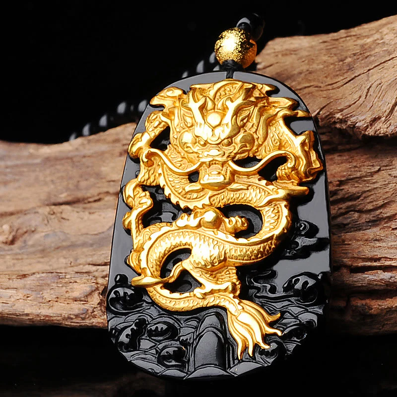 Buddha Stones 18k Gold-plated Dragon Obsidian Lucky Pendant Neck