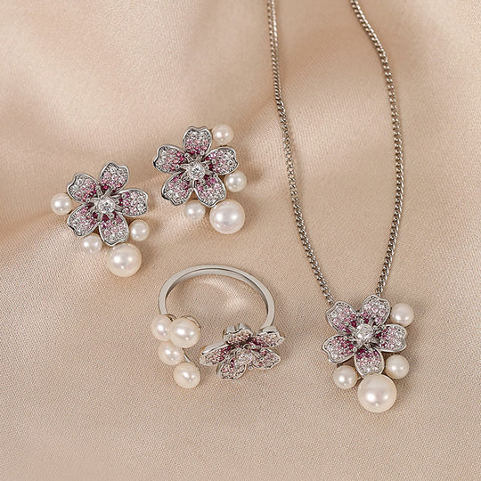 Buddha Stones Cherry Blossom Sakura Design Pearl Healing Necklace Pendant Ring Earrings Set
